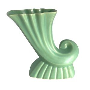 RARE Green Cornucopia Vase Bauer Pottery Los Angeles 1940s Excellent Vintage MCM